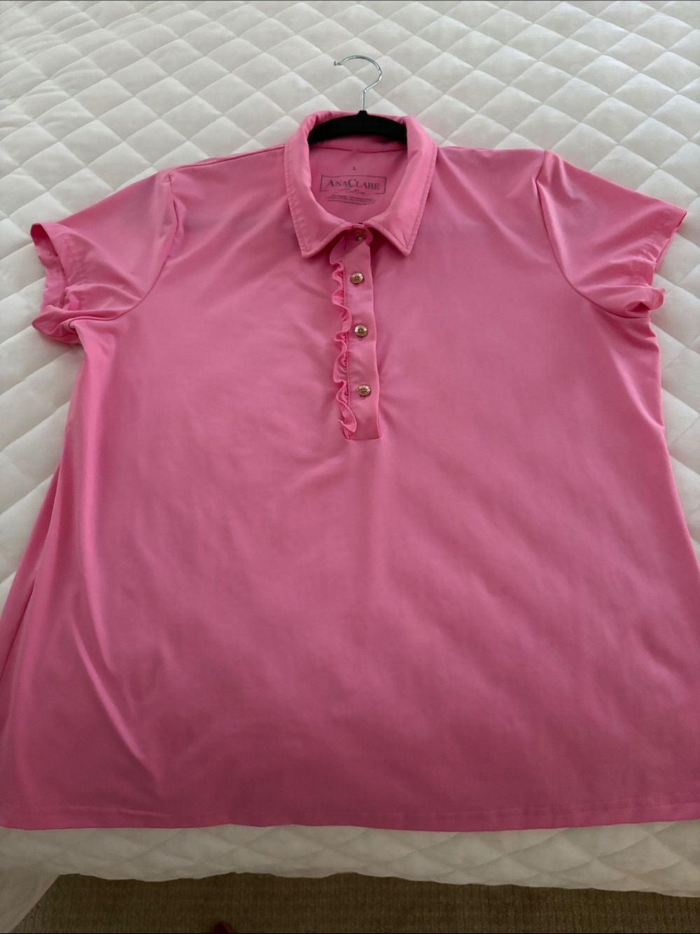Ana Clare Active Pink Ruffle-Button Polo Top